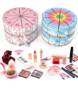 Macro view of colorful cake-shaped gift boxes with various cosmetics and hair accessories