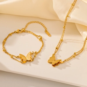 Butterfly Jewelry Stainless Steel Double Layer Bead Chain Necklace Bracelet Anklet Fashion Jewelry For Women