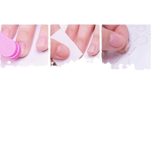 Three-step guide for using press-on nail kit with file, prep pad, and jelly glue stickers