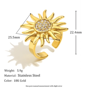 18K gold plated stainless steel sunburst ring with zircon and dimensional measurements