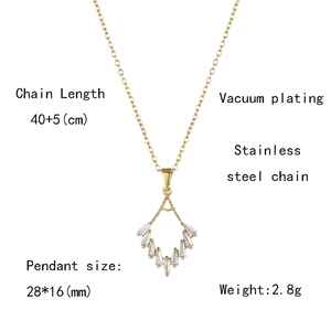 Detail view of gold stainless steel necklace with pendant dimensions and chain length specs