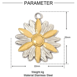 Daisy flower pendant dimensions showing 25mm height and 22mm width in stainless steel