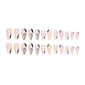Almond-shaped press-on nails featuring black leaf patterns and pink glitter accents