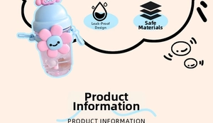 Detail of baby blue leak-proof water bottle with straw and cartoon flower charm