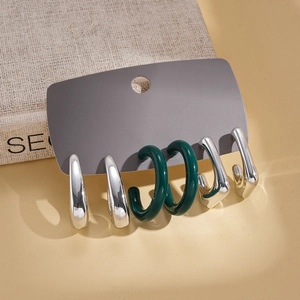 6-piece set of geometric C-shaped hoop earrings in silver and dark green glossy finish