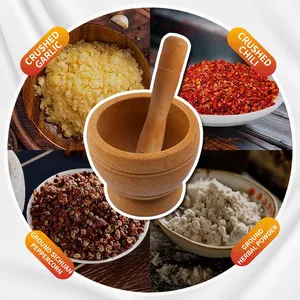 Manual wood mortar and pestle set for grinding garlic, chili, and spices in kitchen