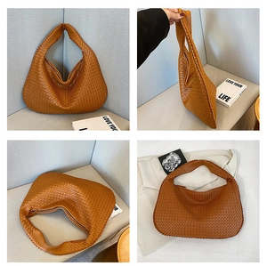 Detailed four-way views of a brown woven leather hobo shoulder bag with zipper closure