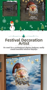 Detail of Christmas window stickers featuring Santa Claus and golden ornaments
