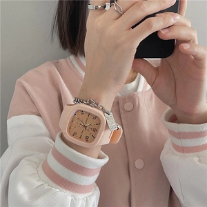 Pink square digital watch for girls featuring a metal chain strap and Joy tag detail