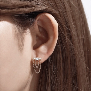 Detailed view of silver s925 earring with cubic zirconia and long chain tassels on model