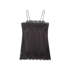 Caraco en satin noir pour femme avec bordure en dentelle délicate et fines bretelles