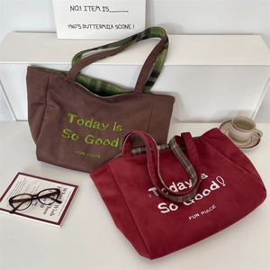 Detail of suede tote bag showing embroidery and classic plaid lining on handle