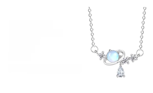 Detail of dream planet necklace featuring silver planet ring and zircon droplet pendant