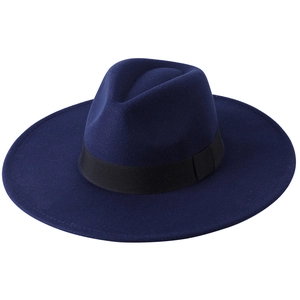 Classic dark blue wide brim wool fedora hat for adults featuring a black ribbon band