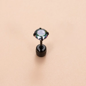 Black stainless steel stud earring with iridescent round zircon for cartilage piercing