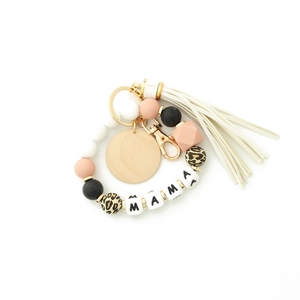 Silicone bead keychain bracelet with MAMA letter beads and leather tassel wristband