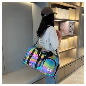 Back view of a model wearing the holographic large capacity waterproof fitness travel bag