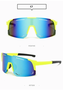 Detail of neon yellow sport sunglasses with blue-green gradient lenses and side vents