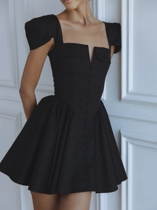 French chic black square neck mini dress with puffed sleeves and slim fit A-line skirt