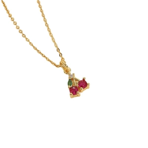 Exquisite 14K gold plated cherry pendant necklace with red and green zircons for women