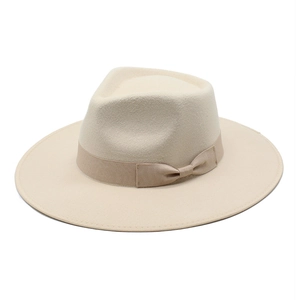 Elegant beige wide brim wool fedora hat with matching ribbon bow for autumn and winter