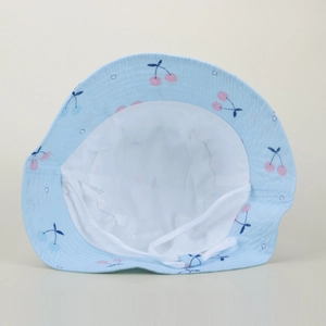 Detail of light blue baby bucket hat with cherry print and adjustable chin strap