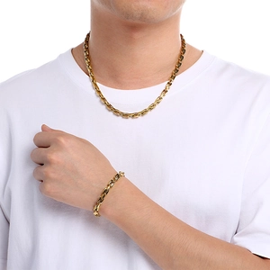Minimalist 18k gold square link chain necklace and bracelet set worn by a male model