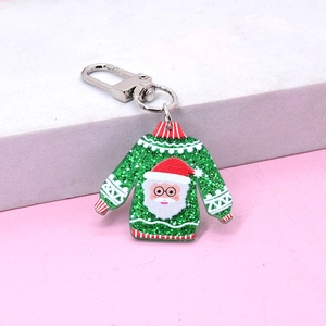 Christmas green glitter sweater keychain featuring Santa Claus with silver metal clasp