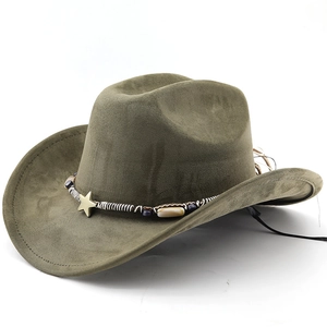 Bohemian suede wide brim western cowboy hat with star buckle and beaded decorative band