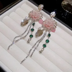 Pink Flower Long Tassel Earrings With Artificial Crystal And 925 Sterling Silver Earring Post Princess Style Jewelry