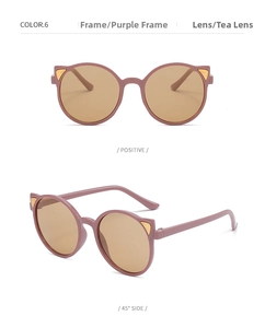 Detailed views of purple cat-ear sunglasses with brown lenses and golden metal accents
