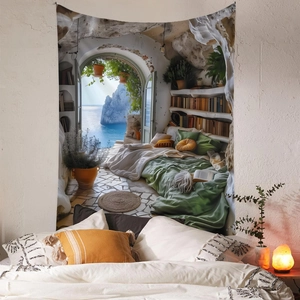 Detailed view of large Mediterranean cave bedroom wall tapestry with scenic ocean view