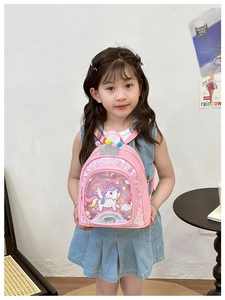 Detailed view of pink unicorn sequin backpack with glitter crown and colorful pom-poms