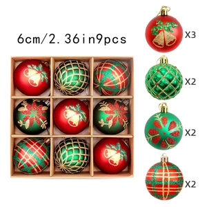 Detail of 9-pack 6cm Christmas ornaments set showing diverse patterns and sphere quantity