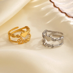 Western Fashion Stainless Steel Adjustable Heart Love Letter Ring Gold Silver Color Double Layer Open Finger Ring For Women