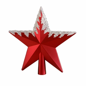 Red metallic star tree topper with white snow glitter finish on white background