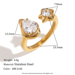 18K gold plated stainless steel open ring with asymmetric teardrop and star zircon