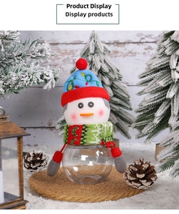 Detail of Christmas snowman candy jar with clear body and festive blue knitted hat