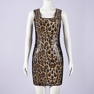 Detail of sequin leopard print dress featuring sexy slim fit and lace stitching