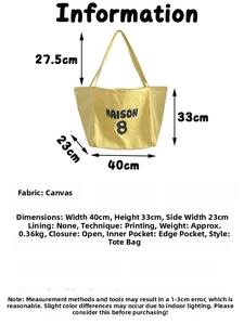 Detailed dimensions of large canvas tote bag showing height 33cm and width 40cm specs