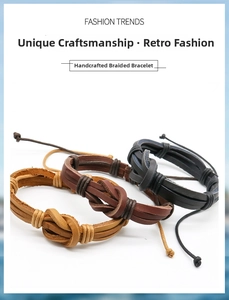 Detailed macro of handmade braided leather bracelets in light brown, dark brown, and black