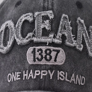 Vintage washed charcoal cotton baseball cap with bold OCEAN 1387 3D embroidery detail