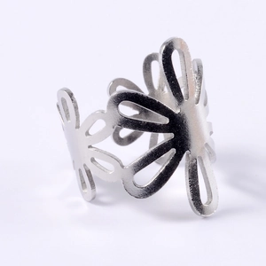 Detailed side view of silver stainless steel open ring with hollow petal floral pattern