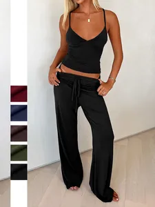Women Camisole V Neck Top And High Waist Wide Leg Drawstring Pants Knit Casual Loungewear Streetwear Style