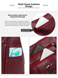 Detail view of large burgundy crossbody bag showing multi-compartment storage and pocket layout