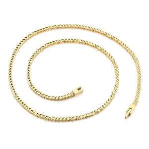 Golden stainless steel braided wheat chain necklace with polished metallic finish