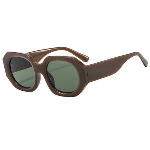 Retro polygon oversized sunglasses with dark brown thick frames and dark green lenses