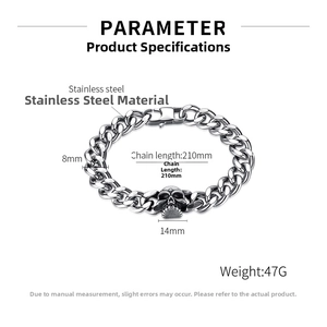 Macro view of stainless steel Cuban link bracelet with detailed skull charm and specs