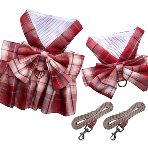 Red plaid pet JK skirt harness and leash set with breathable mesh lining for small dogs