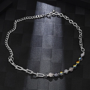 Rainbow natural stone stitching titanium steel necklace with cuban and link chain
